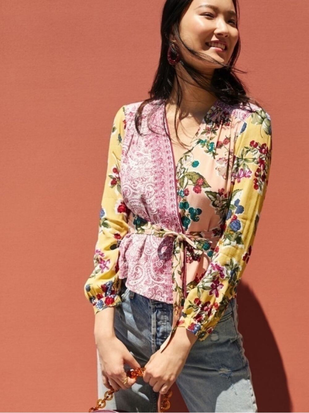 Anthropologie Meadow Rue Patchwork Floral Berry Print Wrap Top Blouse Size 8